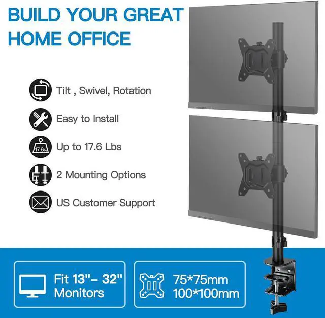 Alt view image 2 of 7 - HUANUO Vertical Dual Monitor Mount, Stacked Monitor Stand for 2 Monitors with Height Adjustment Computer Monitor Arm Supports Two 17 to 32 Inch with C Clamp Each Monitor Desk Mount Hold up to 17.6lbs