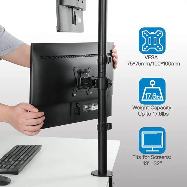 Alt view image 5 of 7 - HUANUO Vertical Dual Monitor Mount, Stacked Monitor Stand for 2 Monitors with Height Adjustment Computer Monitor Arm Supports Two 17 to 32 Inch with C Clamp Each Monitor Desk Mount Hold up to 17.6lbs