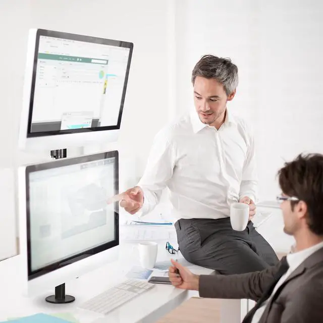 Alt view image 7 of 7 - HUANUO Vertical Dual Monitor Mount, Stacked Monitor Stand for 2 Monitors with Height Adjustment Computer Monitor Arm Supports Two 17 to 32 Inch with C Clamp Each Monitor Desk Mount Hold up to 17.6lbs