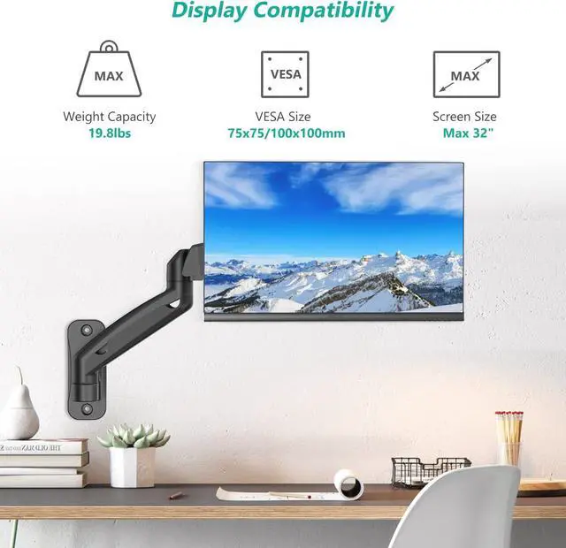 Alt view image 2 of 7 - WALI Single Monitor Wall Mount, Gas Spring Monitor Arm for 1 Screen up to 32 inch, 19.8 lbs. Fully Adjustable Arm Max Extension 21.2 inch (GSWM001), Black