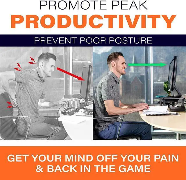 Alt view image 4 of 7 - Back Saver Monitor Stand for Desk - 2 Pack Monitor Riser with Drawer - Gain 5 Weeks a Year Less Pain & Peak Productivity with Anti Skid Mesh Metal Computer Stand for Laptop Printer & iMac