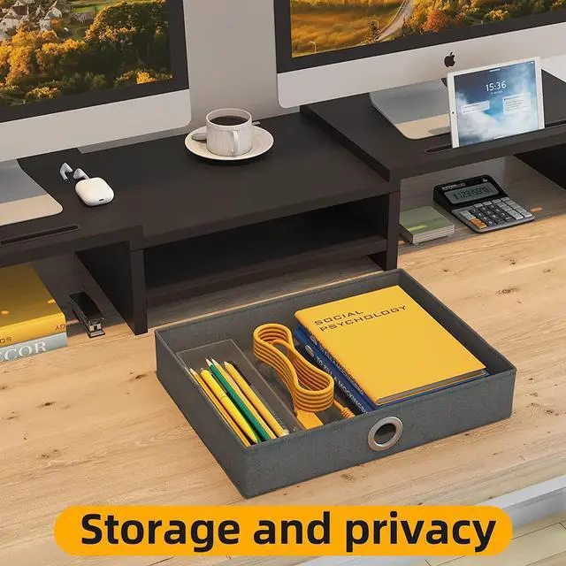 Alt view image 2 of 6 - WESTREE Dual Monitor Stand Riser with Drawer, Adjustable Length and Angle Monitor 2 Solts for Phone & Tablet, Desktop Organizer Stand for Computer/Laptop/PC/Printer