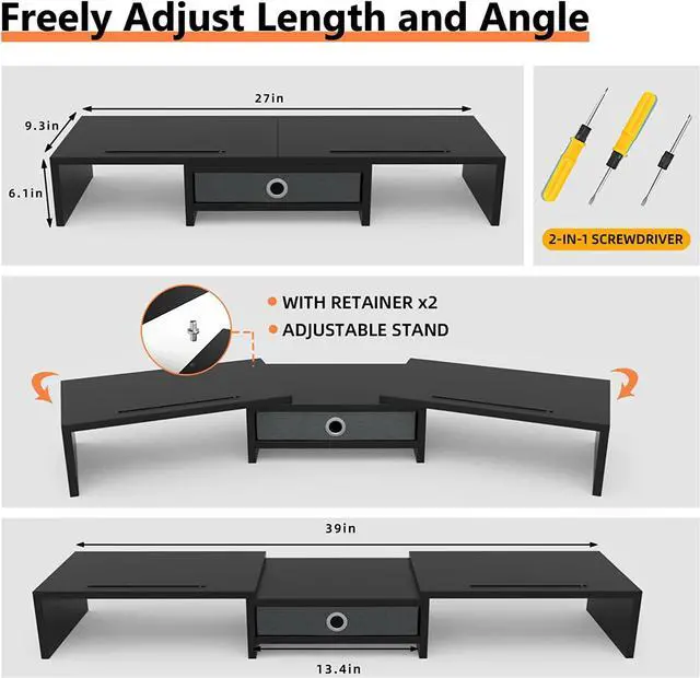 Alt view image 5 of 6 - WESTREE Dual Monitor Stand Riser with Drawer, Adjustable Length and Angle Monitor 2 Solts for Phone & Tablet, Desktop Organizer Stand for Computer/Laptop/PC/Printer