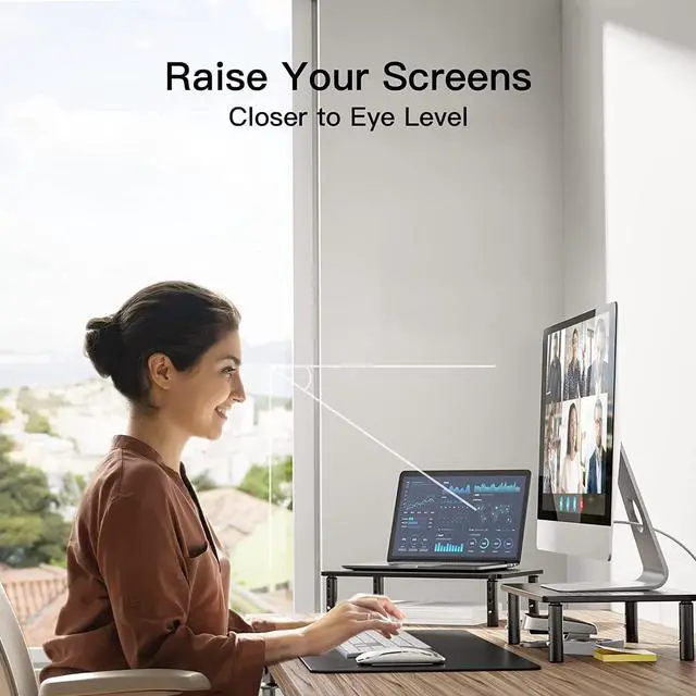 Alt view image 2 of 7 - HUANUO Monitor Stand Riser - 3 Height Adjustable Monitor Stand for Laptop, Computer, iMac, PC, Printer, Desktop Ergonomic Metal Monitor Riser Stand with Mesh Platform for Airflow 2 Pack