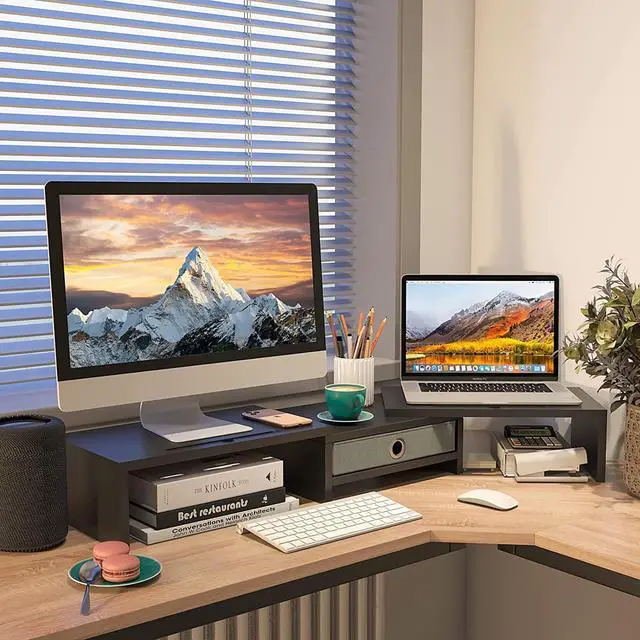 Alt view image 4 of 6 - WESTREE Dual Monitor Stand Riser with Drawer, Adjustable Length and Angle Monitor 2 Solts for Phone & Tablet, Desktop Organizer Stand for Computer/Laptop/PC/Printer