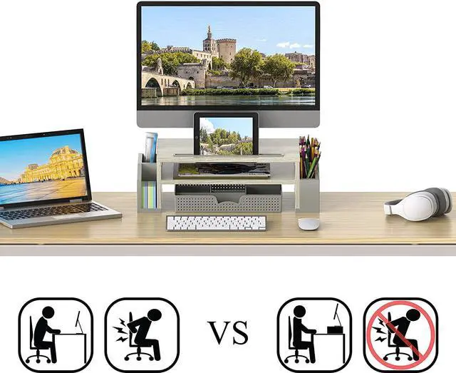 Alt view image 3 of 6 - Simple Houseware Desk Monitor Stand Riser with Adjustable Organizer tray, Maple