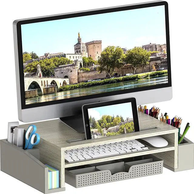 Main image of Simple Houseware Desk Monitor Stand Riser with Adjustable Organizer tray, Maple