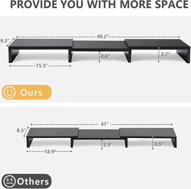 Alt view image 5 of 7 - Dual Monitor Stand Riser Office Desktop Organizer Stands for 2 Monitors Length and Angle Adjustable 3 Shelf, Extra Long Multifunctional Stand fit Computer, Laptop, PC, TV, Max 48.2" Length, Black