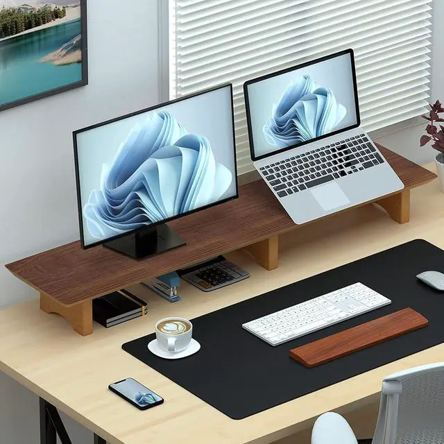 Alt view image 5 of 7 - Large Dual Monitor Stand Riser, Solid Wood Desk Shelf with Eco Cork Legs for Laptop Computer/TV/PC/Printers, Perfect Desktop Stands Organizer Underneath Storage Office Accessories by DT