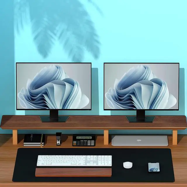 Alt view image 7 of 7 - Large Dual Monitor Stand Riser, Solid Wood Desk Shelf with Eco Cork Legs for Laptop Computer/TV/PC/Printers, Perfect Desktop Stands Organizer Underneath Storage Office Accessories by DT