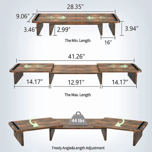 Alt view image 2 of 7 - Zimilar Dual Monitor Stand Riser, with Adjustable Length and Angle, Wood for Desk, Riser 2 Monitors Storage Space (Rust Brown Large)