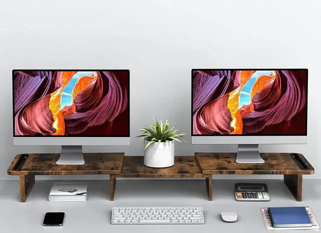Alt view image 3 of 7 - Zimilar Dual Monitor Stand Riser, Monitor Stand with Adjustable Length and Angle, Wood Monitor stand for desk, Monitor Riser for 2 monitors with Storage Space(Rust Brown Large)