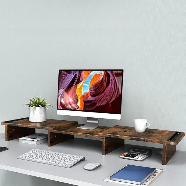 Alt view image 4 of 7 - Zimilar Dual Monitor Stand Riser, Monitor Stand with Adjustable Length and Angle, Wood Monitor stand for desk, Monitor Riser for 2 monitors with Storage Space(Rust Brown Large)