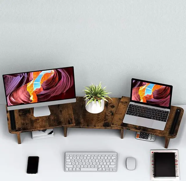 Alt view image 6 of 7 - Zimilar Dual Monitor Stand Riser, Monitor Stand with Adjustable Length and Angle, Wood Monitor stand for desk, Monitor Riser for 2 monitors with Storage Space(Rust Brown Large)
