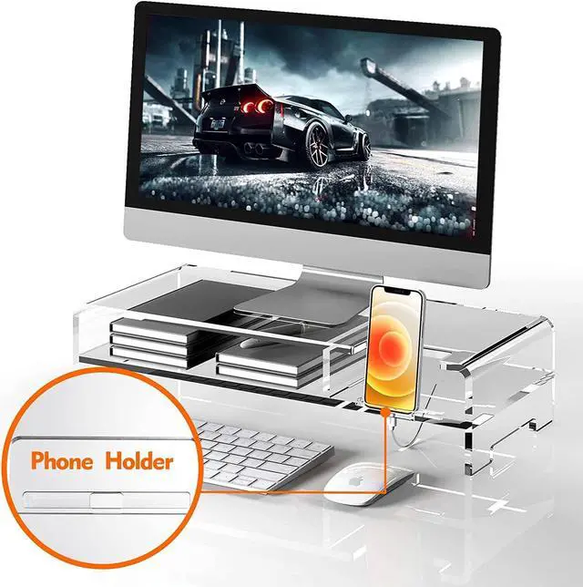 Alt view image 4 of 6 - BEYGORM Acrylic Monitor Stand Riser, Wide 20", 2 Tier Computer with Storage, Desk Organizer Desktop Printer Laptop Storage Shelf Screen Holder Phone Holder(Clear)