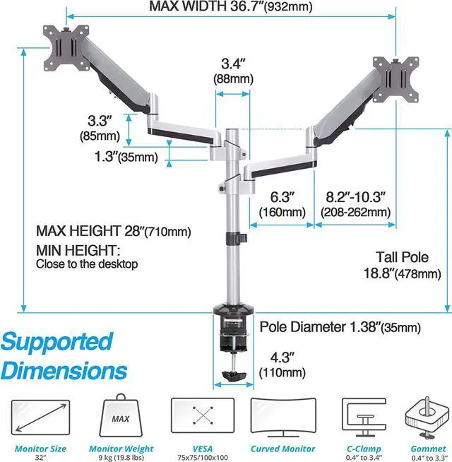 Alt view image 2 of 7 - AVLT Dual 13"-32" Stacked Monitor Arm Desk Mount fits Two Flat/Curved Monitor Full Motion Height Swivel Tilt Rotation Adjustable Monitor Arm - Extra Tall/VESA/C-Clamp/Grommet