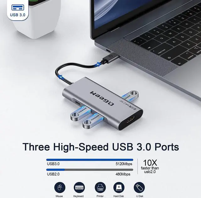 Alt view image 5 of 7 - USB C Hub, QGeeM USB C to HDMI Adapter 4k, 7 in 1 USB C Dongle with 100W Power Delivery,3 USB 3.0 Ports, SD/TF Card Reader, Compatible for iPhone 15 Promax MacBook Ipad HP Dell and More Type C Device