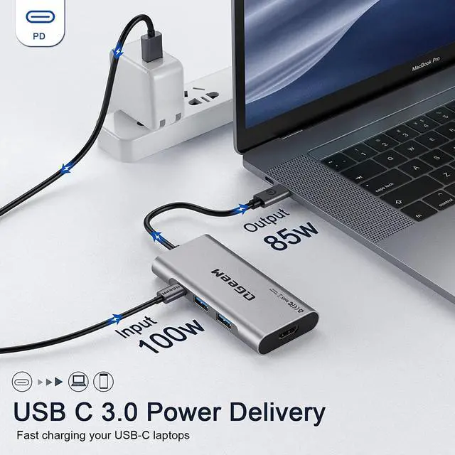 Alt view image 4 of 7 - USB C Hub, QGeeM USB C to HDMI Adapter 4k, 7 in 1 USB C Dongle with 100W Power Delivery,3 USB 3.0 Ports, SD/TF Card Reader, Compatible for iPhone 15 Promax MacBook Ipad HP Dell and More Type C Device