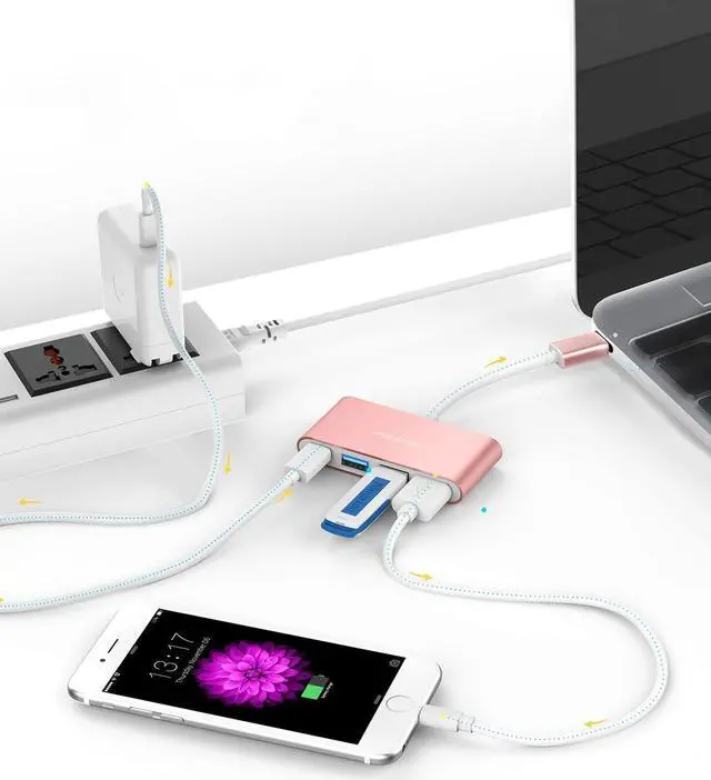 Alt view image 3 of 6 - 4-in-1 USB-C Hub with Type C USB 3.0 USB 2.0 for 2024-2016 MacBook Pro (M1-M4) iPhone 16-15 New Mac Air/Surface ChromeBook More Multiport Charging & Connecting Adapter (C13 Rose Gold)