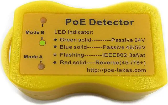 Main image of PoE Detector for IEEE 802.3 or Passive PoE - Quickly Identify Power Over Ethernet; Display Indicates Passive or 802.3af/at; 24v, 48v, or 56v; and Mode B Reverse Polarity