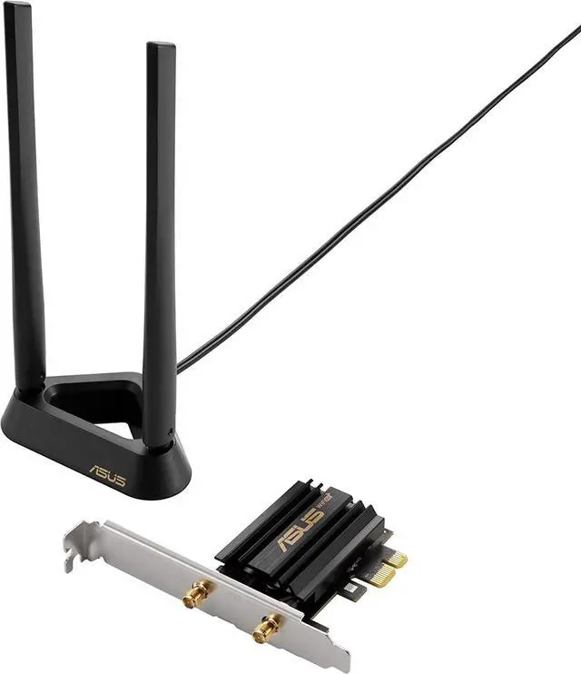 Main image of ASUS PCE-AXE59BT WiFi6 6E AX5400 PCI-E Adapter with 2 External Antennas and magnetized Base. Supporting 6GHz Band, 160MHz, Bluetooth 5.2, WPA3 Network Security, OFDMA and MU-MIMO