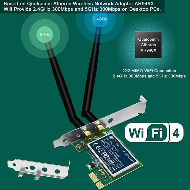Alt view image 3 of 7 - Wireless N Dual Band 600Mbps (2.4GHz 300Mbps or 5GHz 300Mbps) PCIE WiFi Adapter for Windows 11, 10, 8.x, 7, XP (32/64bit) and Windows Server Desktop PCs, 2X2 MIMO PCIE WiFi Card (FS-N600)