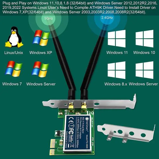 Alt view image 4 of 7 - Wireless N Dual Band 600Mbps (2.4GHz 300Mbps or 5GHz 300Mbps) PCIE WiFi Adapter for Windows 11, 10, 8.x, 7, XP (32/64bit) and Windows Server Desktop PCs, 2X2 MIMO PCIE WiFi Card (FS-N600)