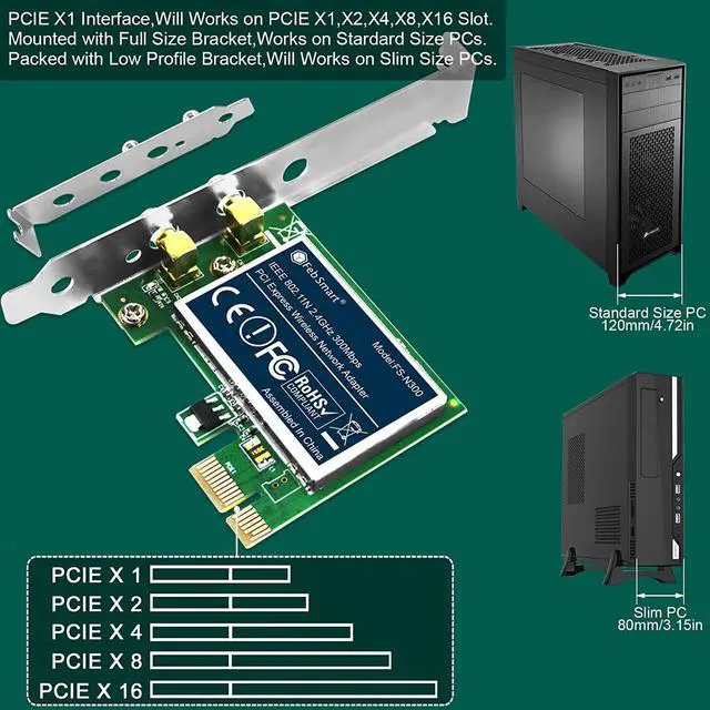 Alt view image 6 of 7 - Wireless N Dual Band 600Mbps (2.4GHz 300Mbps or 5GHz 300Mbps) PCIE WiFi Adapter for Windows 11, 10, 8.x, 7, XP (32/64bit) and Windows Server Desktop PCs, 2X2 MIMO PCIE WiFi Card (FS-N600)