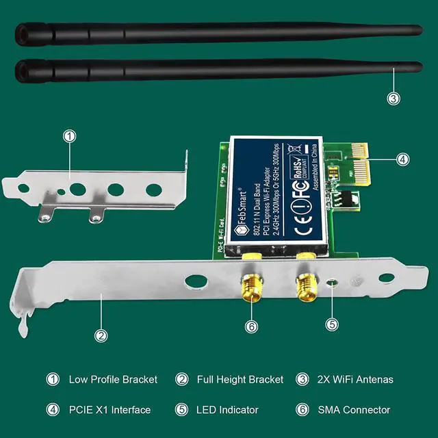 Alt view image 7 of 7 - Wireless N Dual Band 600Mbps (2.4GHz 300Mbps or 5GHz 300Mbps) PCIE WiFi Adapter for Windows 11, 10, 8.x, 7, XP (32/64bit) and Windows Server Desktop PCs, 2X2 MIMO PCIE WiFi Card (FS-N600)