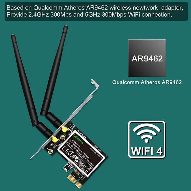 Alt view image 2 of 7 - Wireless N 600Mbps (2.4GHz 300Mbps and 5GHz 300Mbps) PCIE WiFi Adapter, PCIE WiFi Card, QUALCOMM Atheros AR946X Wireless Network Adapter for Windows 10 8.1 8 7 XP Desktop PCs (PCIE-N600)