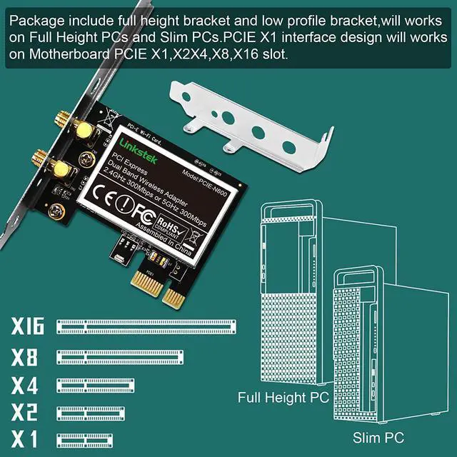 Alt view image 5 of 7 - Wireless N 600Mbps (2.4GHz 300Mbps and 5GHz 300Mbps) PCIE WiFi Adapter, PCIE WiFi Card, QUALCOMM Atheros AR946X Wireless Network Adapter for Windows 10 8.1 8 7 XP Desktop PCs (PCIE-N600)