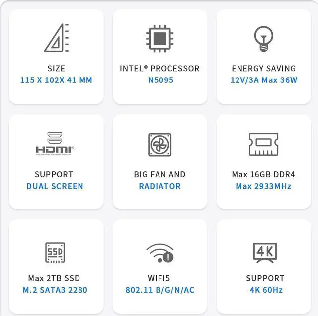 Alt view image 7 of 7 - Beelink New 11 Generation Intel N5095 Processor (up to 2.9GHZ), Mini PC,Mini Computer with 8GB DDR4 RAM/ 256GB M.2 SATA SSD, Supports Extended HDD & SSD/4K 60FPS/Dual HDMI/ WiFi5 /BT5.0