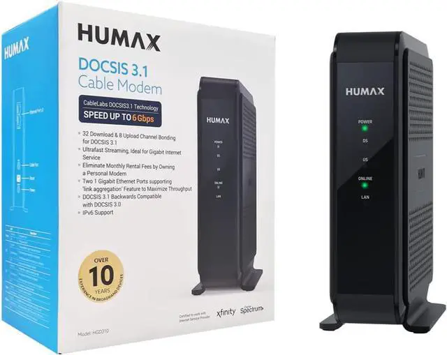 Main image of HGD310 - DOCSIS 3.1 Cable Modem, Pairs with Any WiFi Router or Mesh WiFi, Approved for COX & Xfinity & Spectrum, Black, Max Internet Speed Plan 2000 Mbps