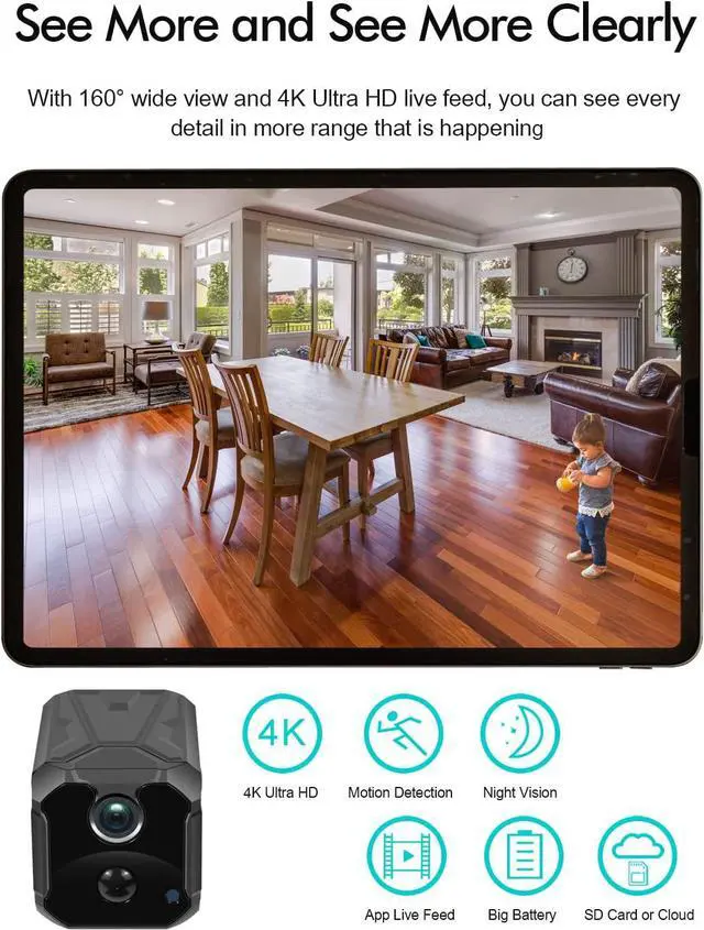Alt view image 2 of 7 - Security Camera 4K Wireless Hidden, 100 Days Standby Mini Spy Camera, Small WiFi Nanny Camera for Home Indoor with Live Feed, Motion Detection Alerts, IR Night Vision, Tiny Secret Cam AREBI 8C Pro