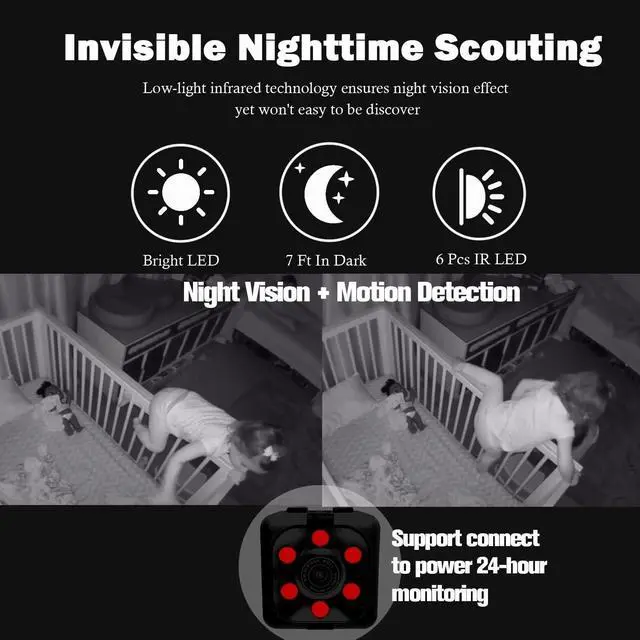 Alt view image 4 of 7 - Hidden Spy Camera Mini Wireless Small 1080P Security Camera Camaras Espias Ocultas Motion Activated Detection Night Vision Small Indoor Outdoor Nanny Cam for Cars Home Apartment Gift Exclude SD Card