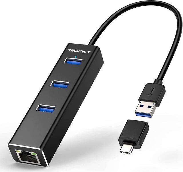 TECKNET USB to Ethernet Adapter, USB C to Ethernet, Aluminum 3 Port USB 3.0  Hub with