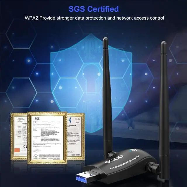 Alt view image 7 of 7 - USB WiFi Adapter AC1200 - High Gain Dual Antenna 802.11ac/a/b/g/n for Windows, Mac - Dual Band 2.4GHz/300Mbps 5GHz/867Mbps