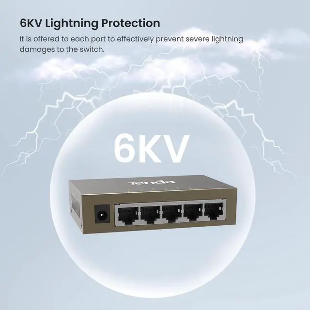 Alt view image 6 of 7 - Tenda TEG1005D, 5-Port Gigabit Ethernet Switch, Unmanaged Ethernet Splitter, Network Switch Hub, Traffic Optimization, Plug & Play, Fan-less Metal Design, Limited Lifetime Protection