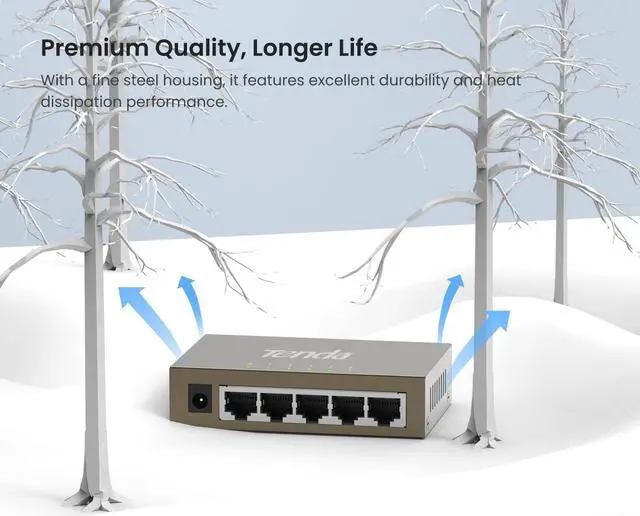 Alt view image 7 of 7 - Tenda TEG1005D, 5-Port Gigabit Ethernet Switch, Unmanaged Ethernet Splitter, Network Switch Hub, Traffic Optimization, Plug & Play, Fan-less Metal Design, Limited Lifetime Protection