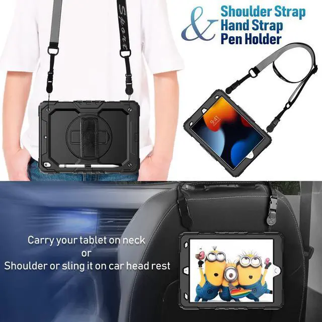 Alt view image 5 of 7 - iPad 9th/ 8th/ 7th Generation Case (iPad 10.2 Case, iPad 9/8/ 7 Gen Case): with Strong Protection, Screen Protector, Hand Strap, Shoulder Strap, 360° Rotating Stand, Pencil Holder - Black
