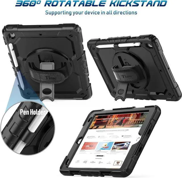 Alt view image 6 of 7 - iPad 9th/ 8th/ 7th Generation Case (iPad 10.2 Case, iPad 9/8/ 7 Gen Case): with Strong Protection, Screen Protector, Hand Strap, Shoulder Strap, 360° Rotating Stand, Pencil Holder - Black