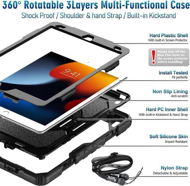Alt view image 7 of 7 - iPad 9th/ 8th/ 7th Generation Case (iPad 10.2 Case, iPad 9/8/ 7 Gen Case): with Strong Protection, Screen Protector, Hand Strap, Shoulder Strap, 360° Rotating Stand, Pencil Holder - Black