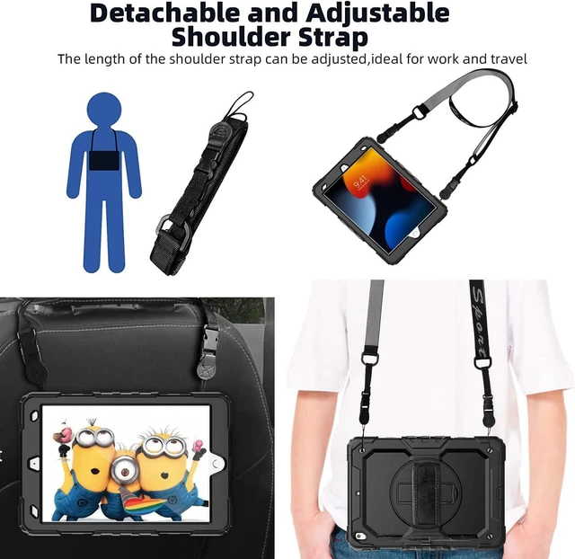 Alt view image 5 of 7 - BLOSOMEET Case for iPad 9th/8th/7th Generation 2021/2020/2019 10.2 Inch with Tempered Glass Screen Protector & Pencil Holder,Protective Kids iPad 10.2 Case Cover w/Stand Hand Shoulder Strap,Black