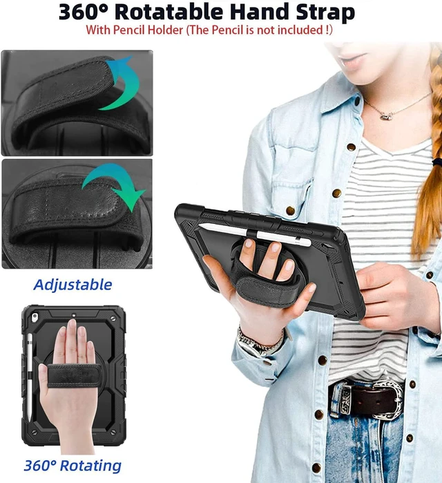 Alt view image 6 of 7 - BLOSOMEET Case for iPad 9th/8th/7th Generation 2021/2020/2019 10.2 Inch with Tempered Glass Screen Protector & Pencil Holder,Protective Kids iPad 10.2 Case Cover w/Stand Hand Shoulder Strap,Black