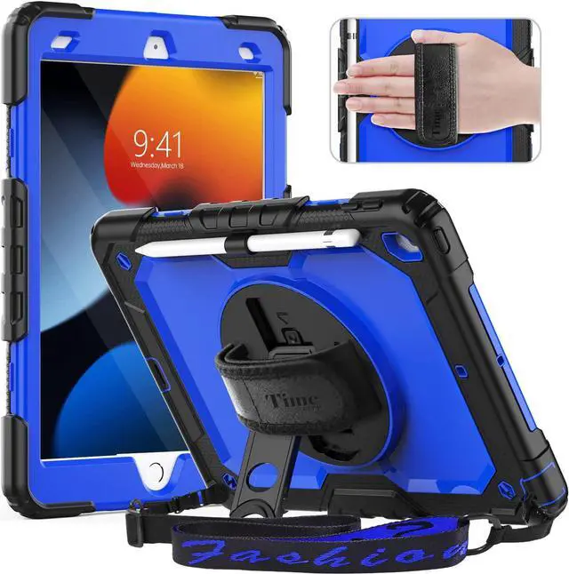 Main image of iPad 9th/ 8th/ 7th Generation Case (iPad 10.2 Case, iPad 9/8/ 7 Gen Case): with Strong Protection, Screen Protector, Hand Strap, Shoulder Strap, Rotating Stand, Pencil Holder - Dark Blue