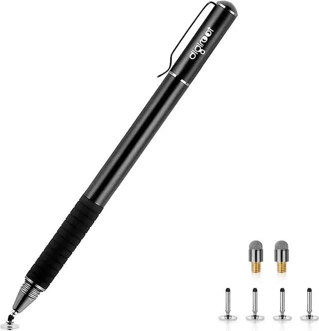 Main image of Digiroot Universal Stylus [2-in-1] Disc Stylus Pens for All Touch Screens Cell Phones iPad Tablets Laptops with 6 Replacement Tips(4 Discs 2 Fiber Tips Included) - (Black)