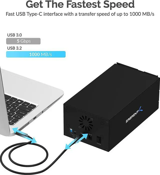 Alt view image 6 of 7 - Sabrent USB 3.2 4-Bay 3.5" SATA Hard Drive Tray-Less Docking Station (DS-2BCR) (2-Bay USB C + RAID)