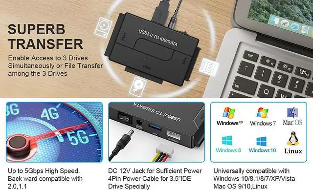 Alt view image 4 of 7 - SATA/IDE to USB 3.0 Adapter External Hard Drive Reader Recovery Converter Kit for Universal 2.5/3.5 SSD HDD DVD/CD-ROM w/12V Power Adapter Support 6TB