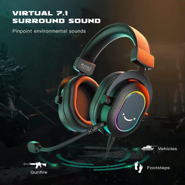 Alt view image 2 of 7 - Gaming Headset for PC-Wired Headphones with Microphone-7.1 Surround Sound Computer USB Headset for Laptop, Streaming Headphones on PS4/PS5, with EQ Mode, RGB, Soft Ear Pads - AmpliGame H6