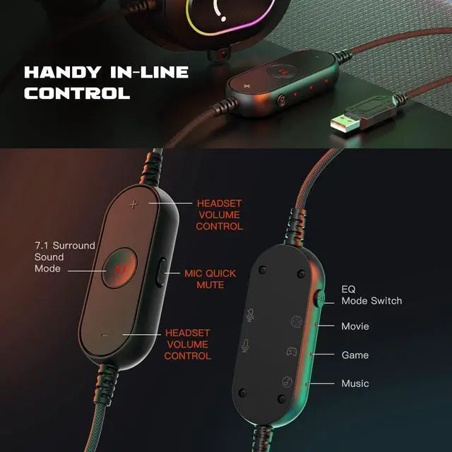 Alt view image 3 of 7 - Gaming Headset for PC-Wired Headphones with Microphone-7.1 Surround Sound Computer USB Headset for Laptop, Streaming Headphones on PS4/PS5, with EQ Mode, RGB, Soft Ear Pads - AmpliGame H6